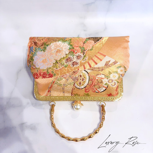 1点物！希少！大玉パール高級西陣織♡濃密繊細総刺繍♡豪華帯地バッグ 