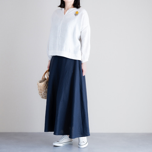 ネイビー チェック柄 フレアスカート　リネン リネンフレアスカート ネイビー 美シルエット Aラインロング