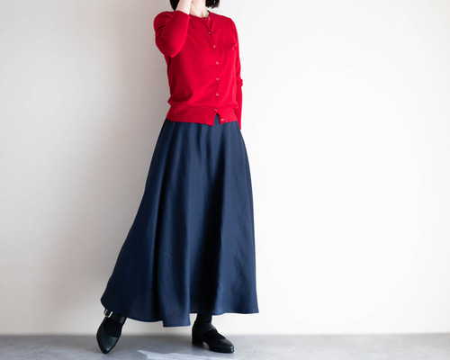 リネンフレアスカート ネイビー 美シルエット Aラインロングスカート