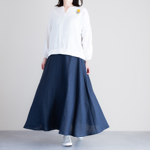 リネンフレアスカート ネイビー 美シルエット Aラインロングスカート