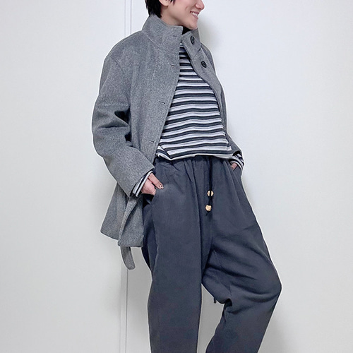 プランテーション　スタンドカラー　ウールショートコート　グレー プランテーション スタンドカラー ウールショートコート グレー