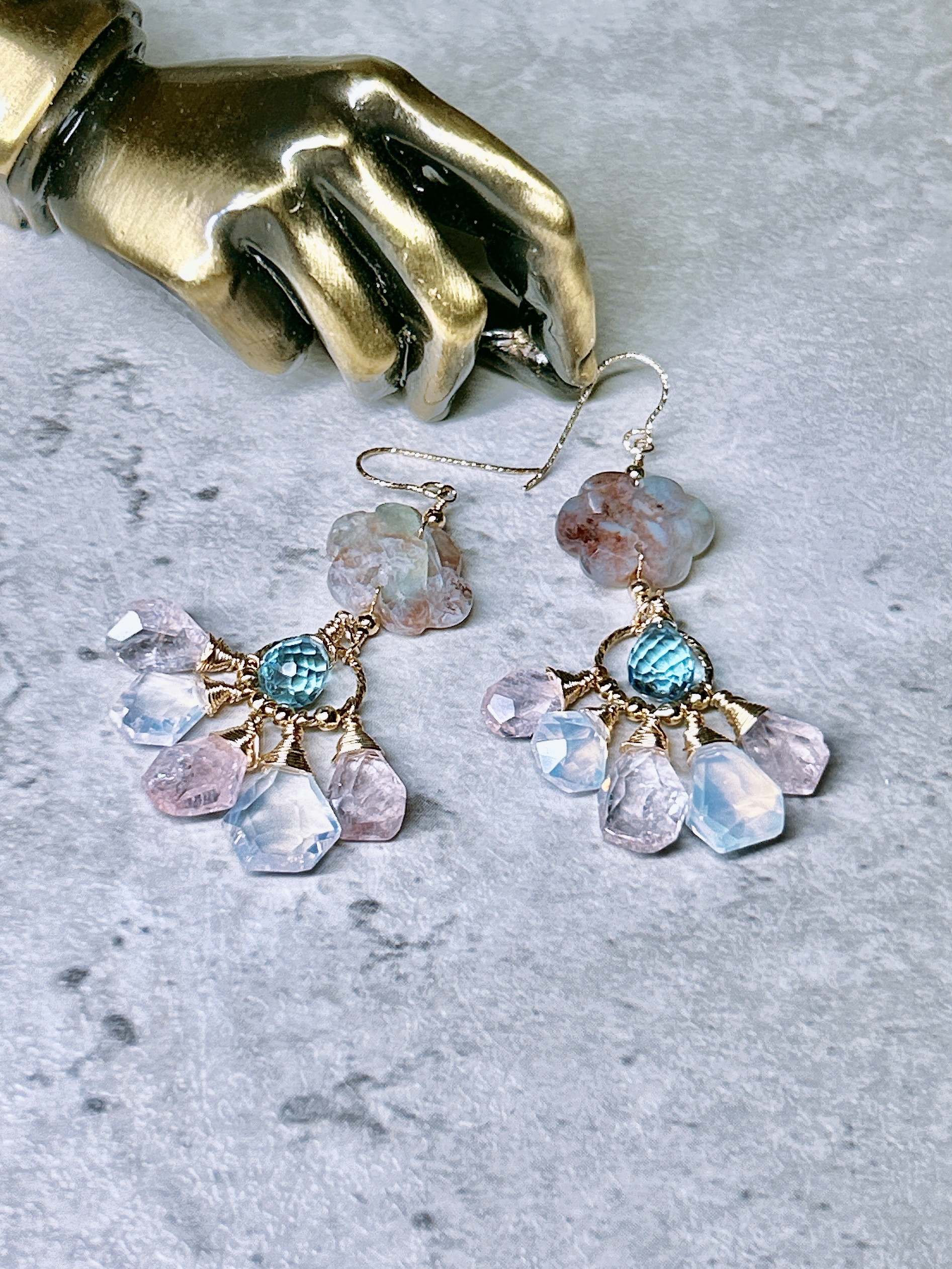 一点物14kgf☆マーブル模様☆雲型アクアプレーズと氷菓子カラーベリル、アイスクォーツのピアス