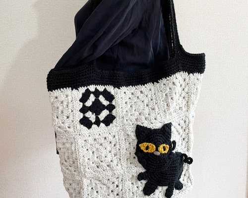 グラニースクエア✖️ネコ毛糸の冬バッグ☆A4もすっぽり トートバッグ