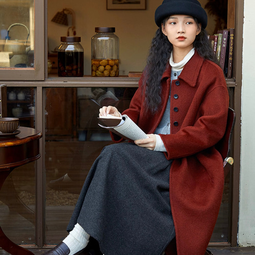 2色 上質ウール100% ステンカラーのロングコート ポケット付き【冬春秋