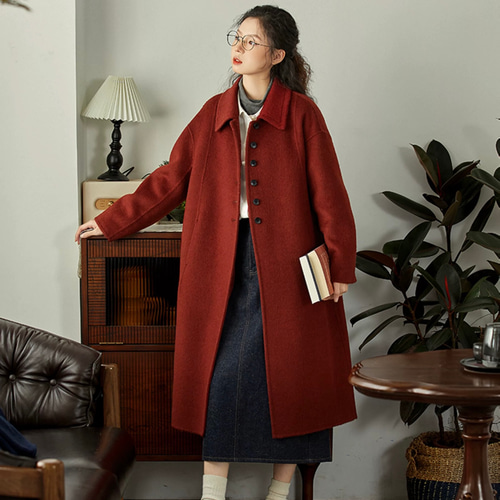 2色 上質ウール100% ステンカラーのロングコート ポケット付き【冬春秋