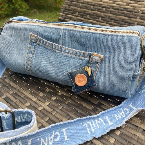 №698【DENIM❌️ドラム缶型ショルダーバッグ♥】デニムリメイク