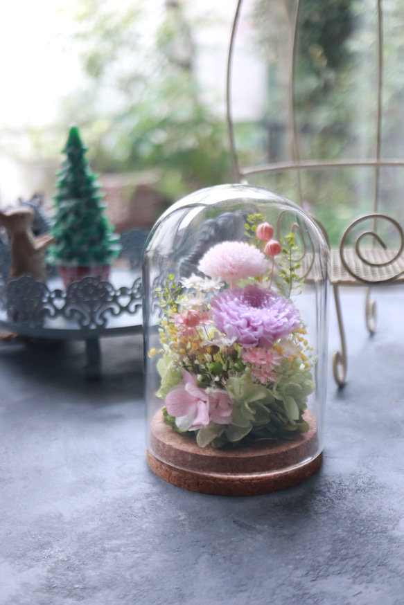 コルク瓶ガラスドーム＊可愛い和花で＊ピンク【プリザーブドフラワー