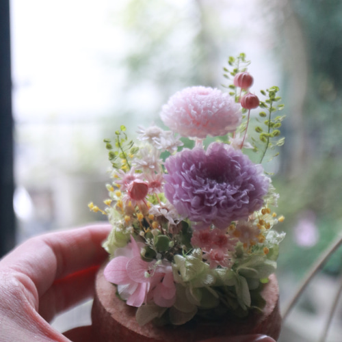 コルク瓶ガラスドーム＊可愛い和花で＊ピンク【プリザーブドフラワー