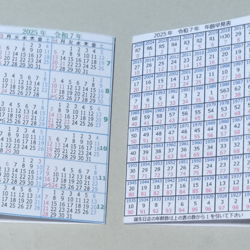 2025年 令和7年 年齢早見表＆カレンダー 5枚で！ ミニサイズ ネーム