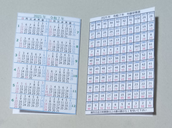 2025年 令和7年 年齢早見表＆カレンダー 5枚で！ ミニサイズ ネーム