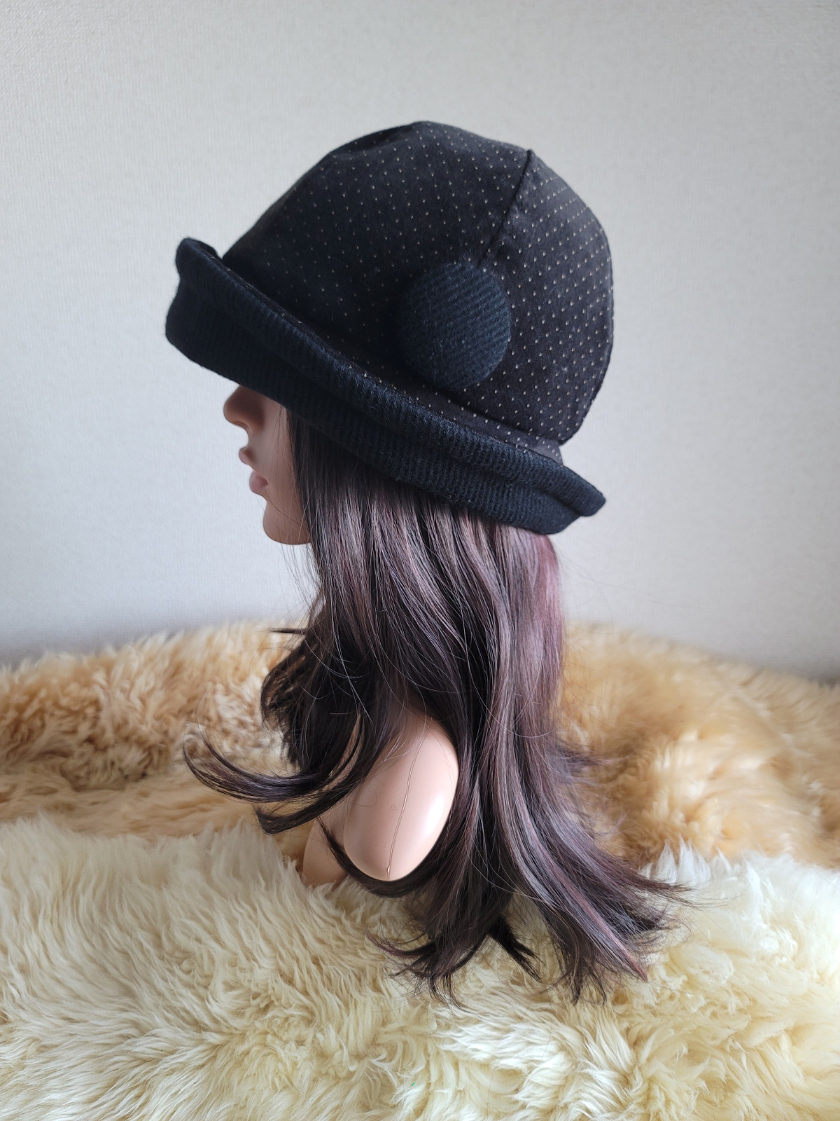 フィット hat★小さなドット柄★60㎝★ブラックカラーウール