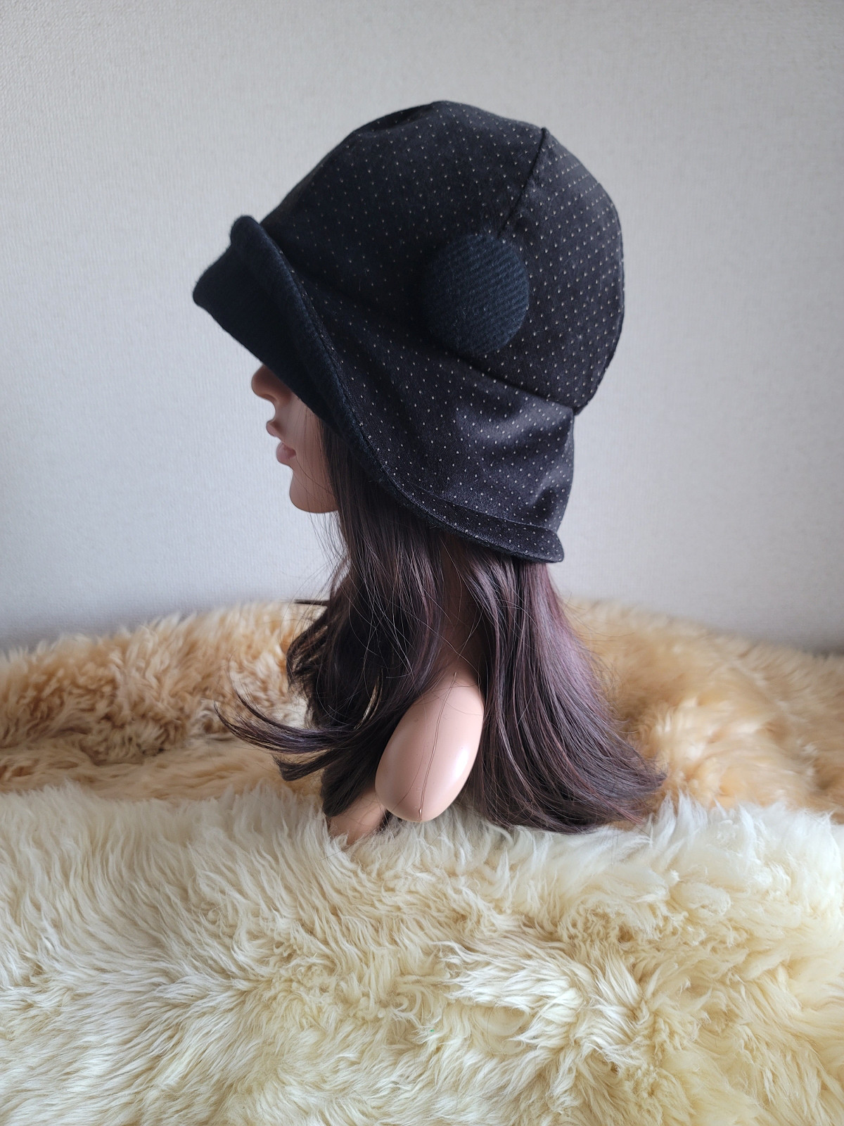 フィット hat★小さなドット柄★60㎝★ブラックカラーウール