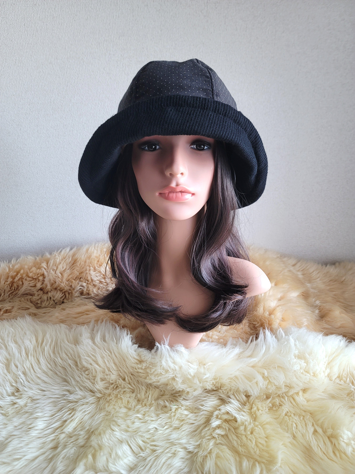 フィット hat★小さなドット柄★60㎝★ブラックカラーウール