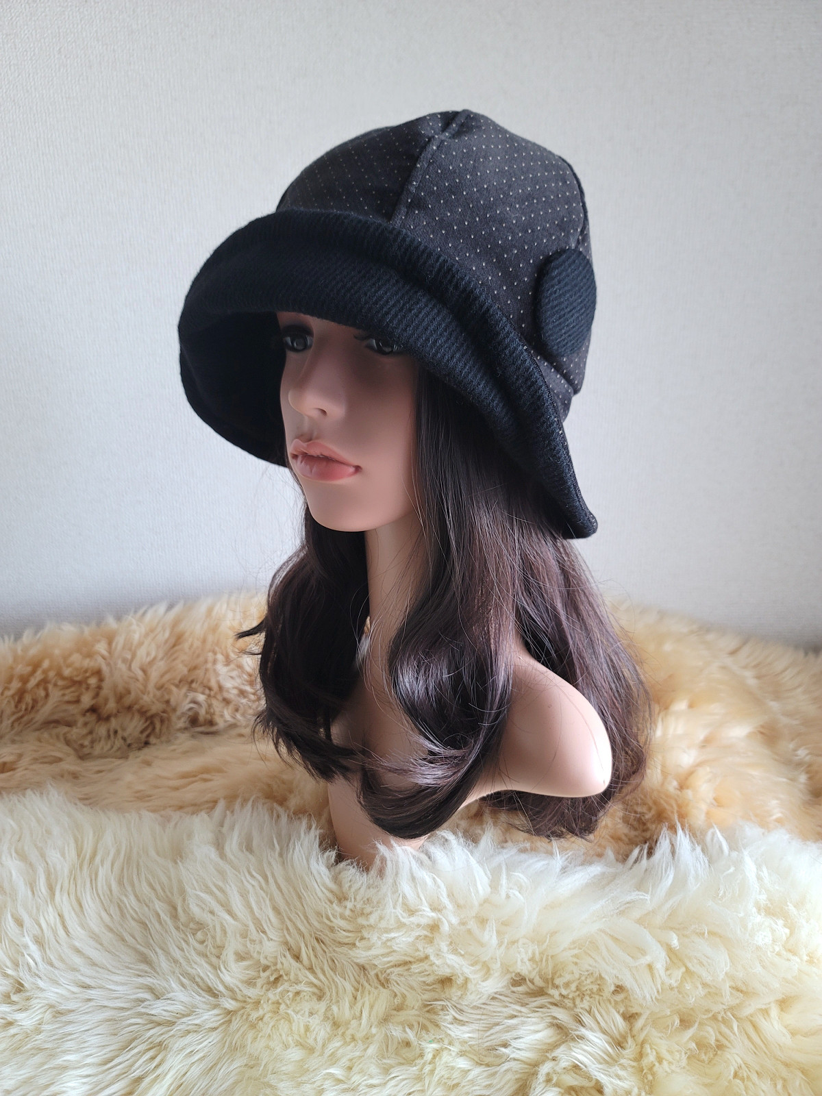 フィット hat★小さなドット柄★60㎝★ブラックカラーウール