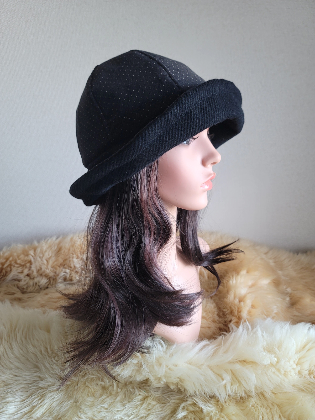 フィット hat★小さなドット柄★60㎝★ブラックカラーウール