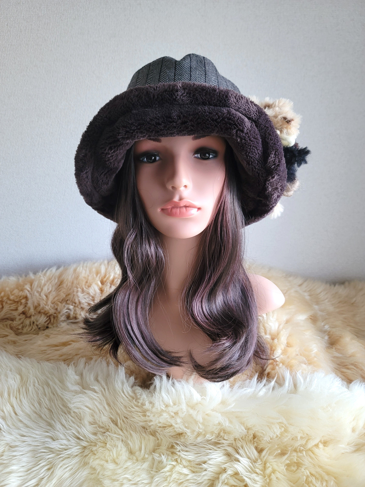 ポンポンhat★ダークブラウン系×グレー系ミックス