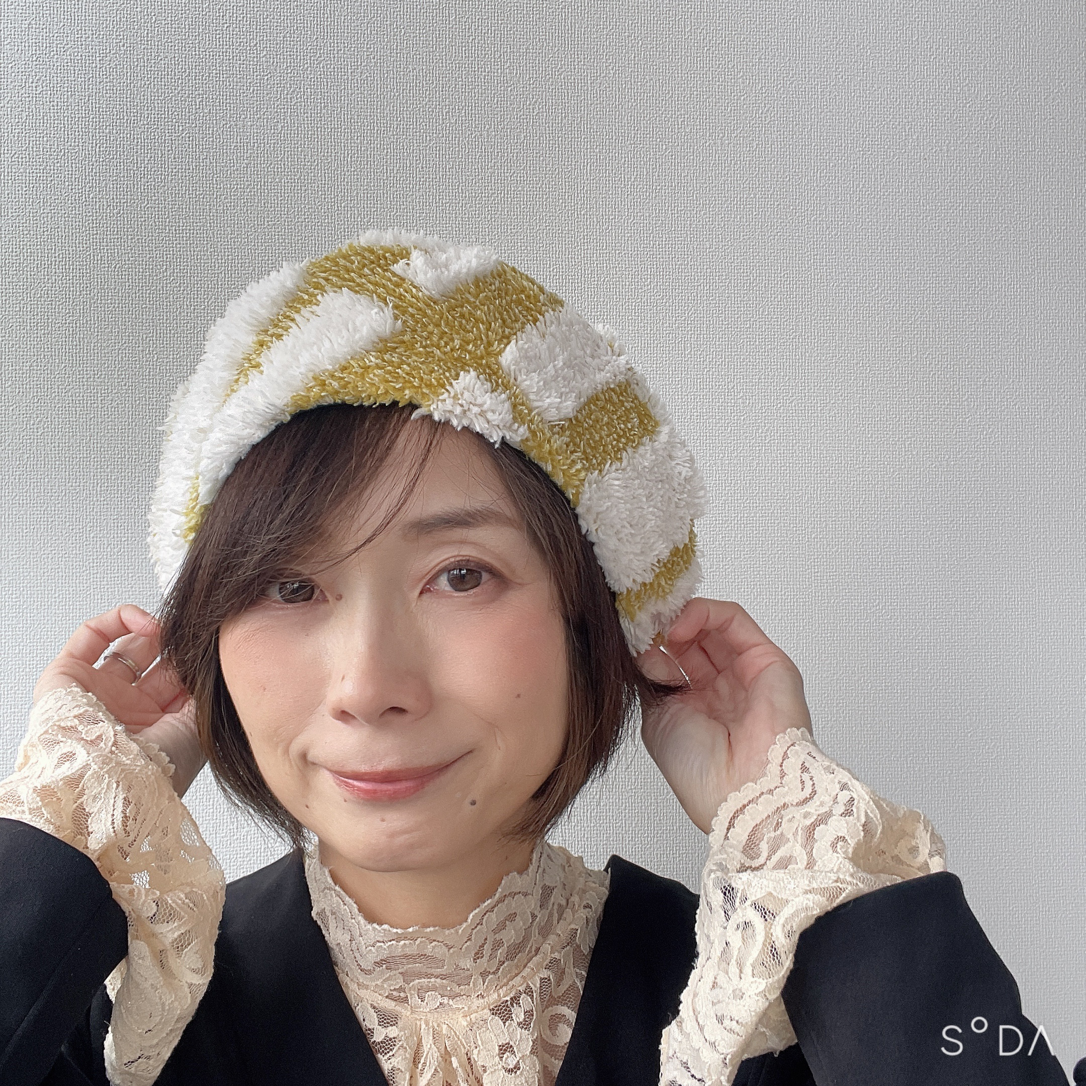 【受注製作】サニーサークルベレー マスタード 白 ボア 幾何学模様 ベレー帽 屋内帽子 帽子 大きい 小さい