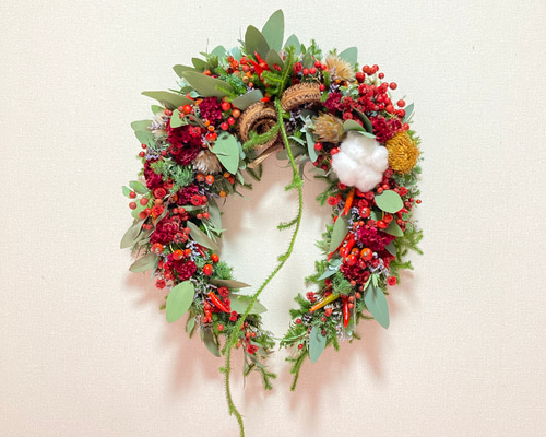 幸せを運ぶ馬蹄リース レッドカラー&ボタニカル リース