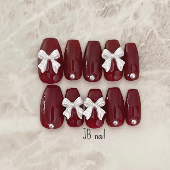 ボルドー×パールリボン♡ レトロネイル ガーリーネイル リボンネイル