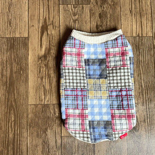 新品　犬服 E ニット　セーター ジョージ　パッチワーク キルトニット パッチワーク柄 ロングサイズ チョコネイビー タンク