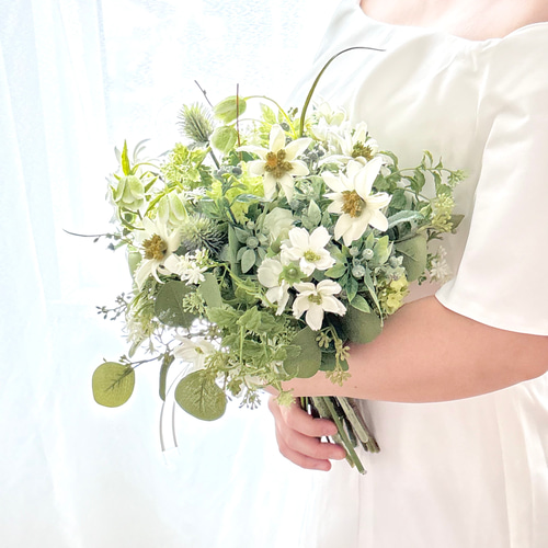 ウエディング　ブーケ　造花　アーティフィシャルフラワー　前撮り　ブートニア ブートニア込】エーデルワイスのナチュラルブーケ/アーティ