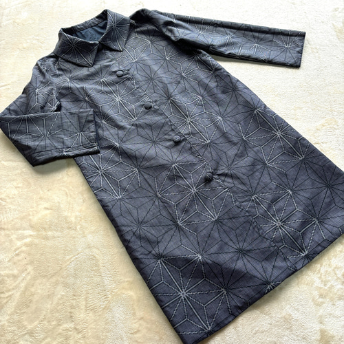 大島紬の刺し子コート リバーシブル 青麻の葉 着物リメイク コート