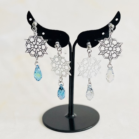 雪の結晶とクリスタルのノンホールピアス-北欧の氷原 5枚目の画像