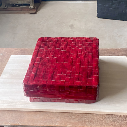 受注製作】 野原竹細工 つづらの文庫箱 一閑張り 赤透色 フリー