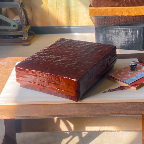 受注制作】野原竹細工 つづらの文庫箱 一閑張り 茶 フリーボックス