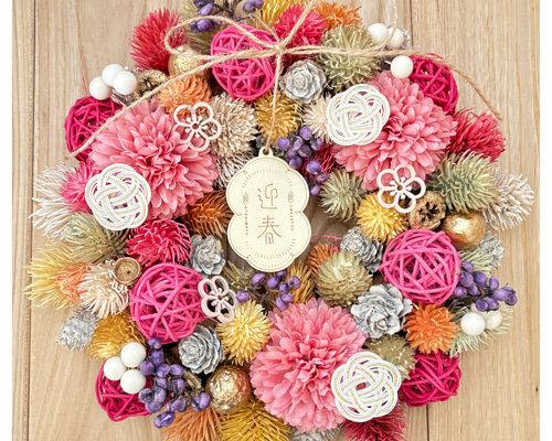 2WAY迎春リース 桃 】 クリスマス＆お正月リース和モダンクリスマス