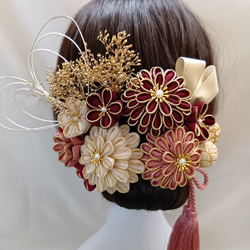 まーおすすめセット 花飾り タッセル付き 受注制作】生成 えんじ くすみピンク 成人式 髪飾り つまみ細工