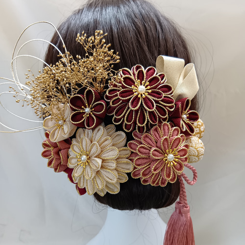 受注制作】生成 えんじ くすみピンク 成人式 髪飾り つまみ細工