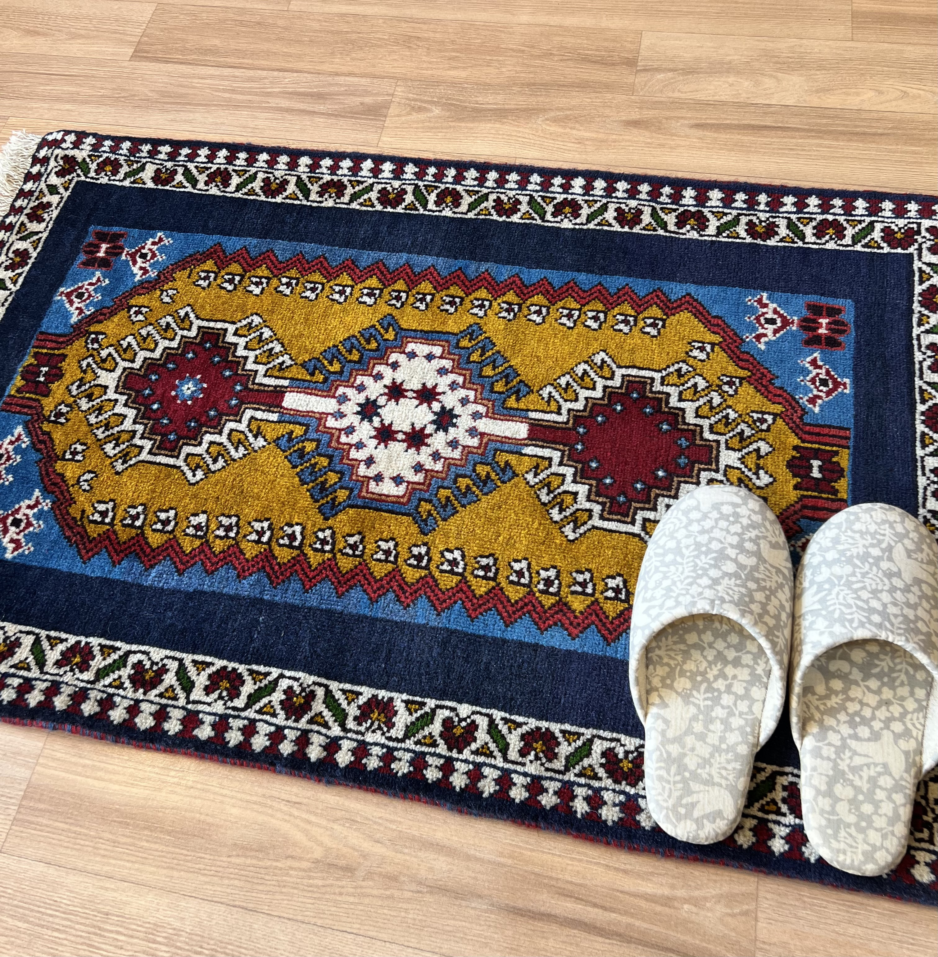 ●SALE⚫︎送料無料⚫︎ヤラメ絨毯【90×60】No.6133　トライバルラグ・民族系・部族・玄関マット