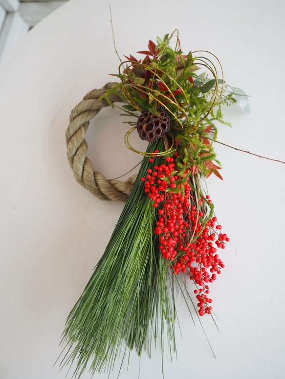 迎春 大王松の注連縄 南天の実 お多福南天 お正月飾り しめ縄