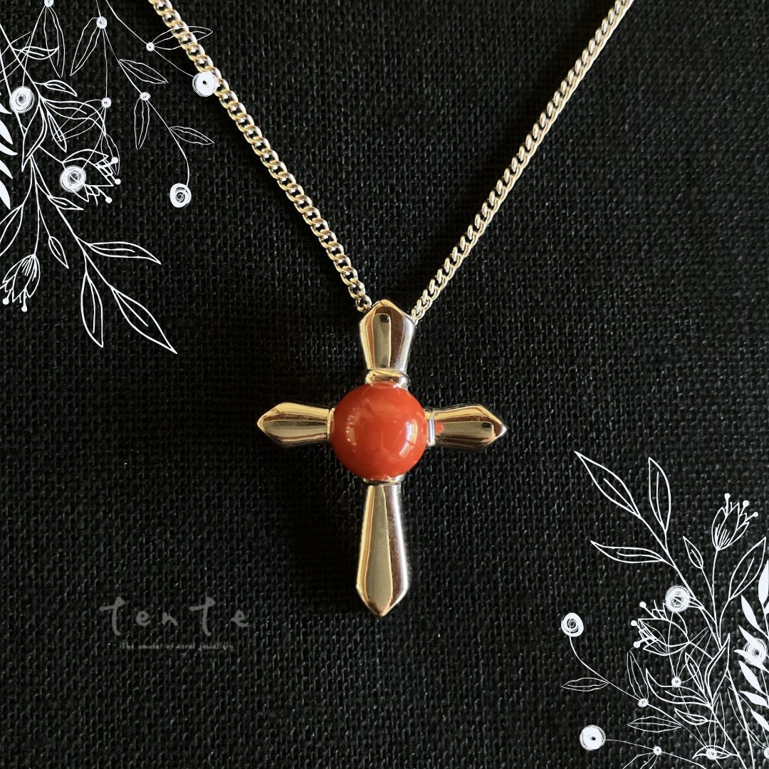 【コーラルジュエリー】赤珊瑚 十字架（クロス）ペンダント シルバー925 n064