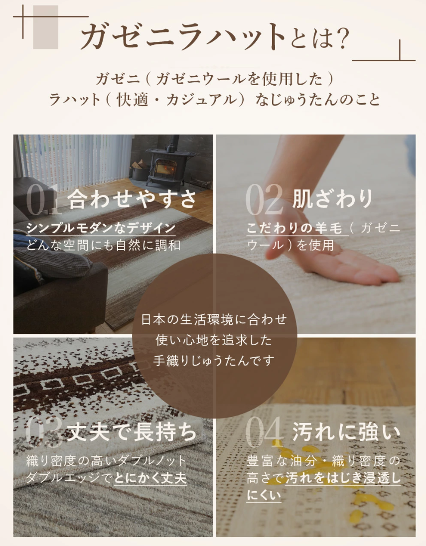 肌ざわり最高　天然無染ラグ　ガゼニラハット　245x204cm　ﾎｯﾄｶｰﾍﾟｯﾄ上敷き