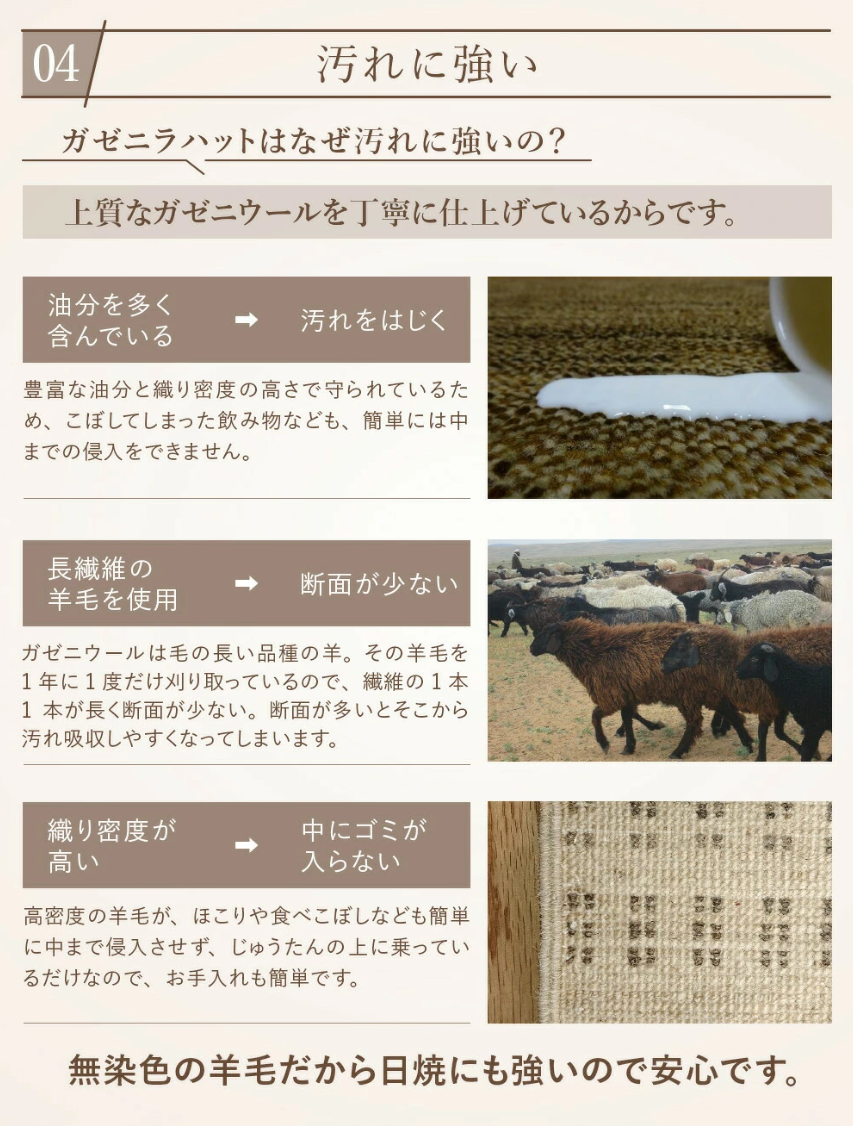 肌ざわり最高　天然無染ラグ　ガゼニラハット　245x204cm　ﾎｯﾄｶｰﾍﾟｯﾄ上敷き