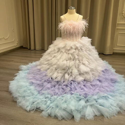 可愛いカラードレス 子供用 ふんわりチュール ピンク/紫/ブルー