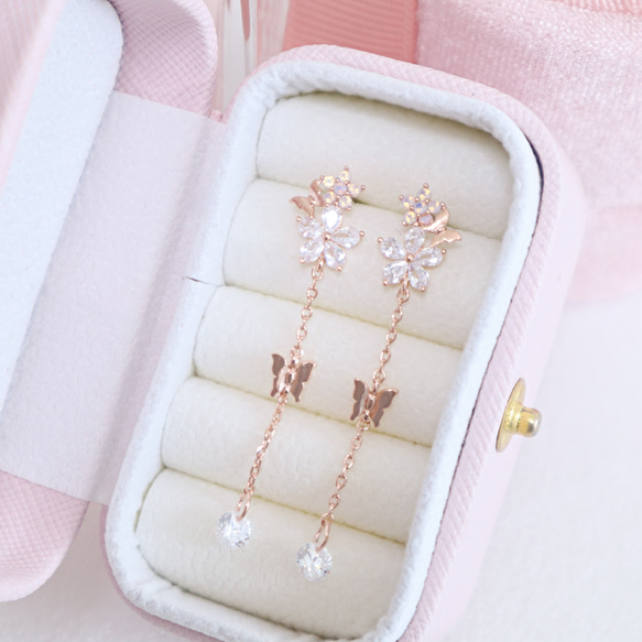 ピアス/フラワーガーデン（ピンクゴールド）】 華奢 揺れる 花 蝶