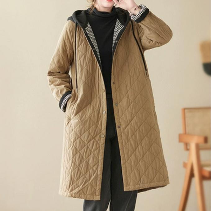 秋冬の新モデル レトロ 純色の綿入れ ゆったり して見える中丈のロング フード コート
