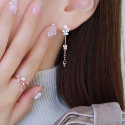 イヤリング/フラワーガーデン（ピンクゴールド）】 華奢 揺れる 花 蝶