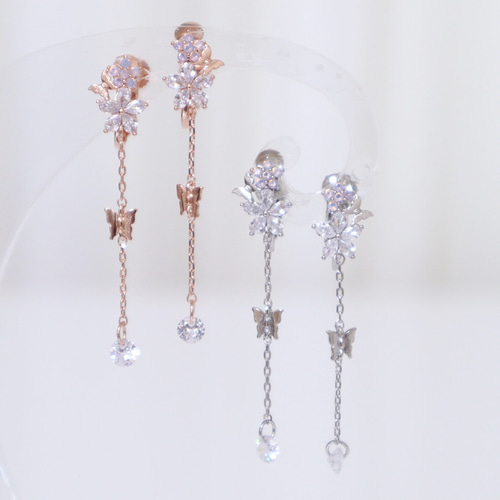イヤリング/フラワーガーデン（ピンクゴールド）】 華奢 揺れる 花 蝶