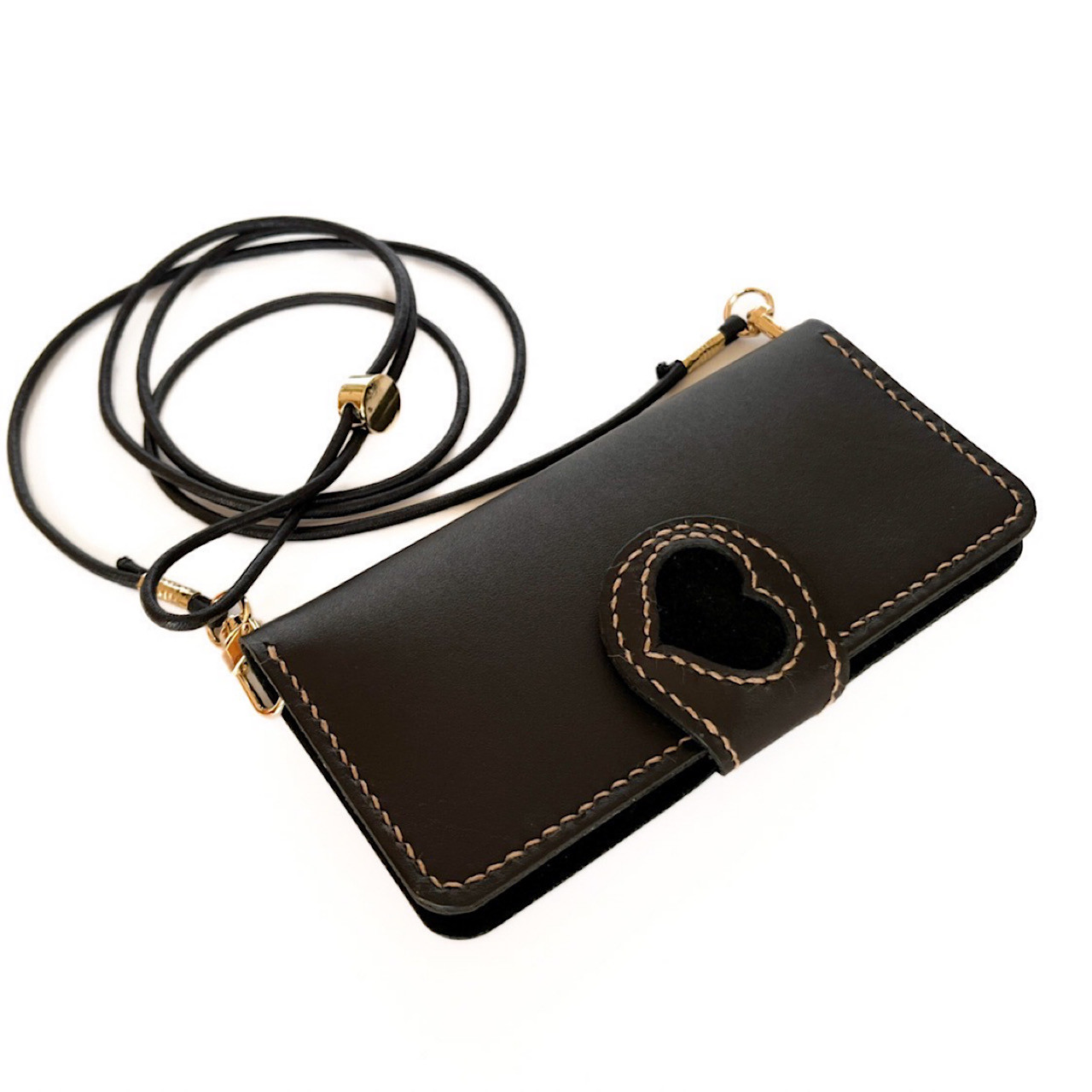 エレガントブラックのハートステッチ・ヌメ革スマホケース　手帳型