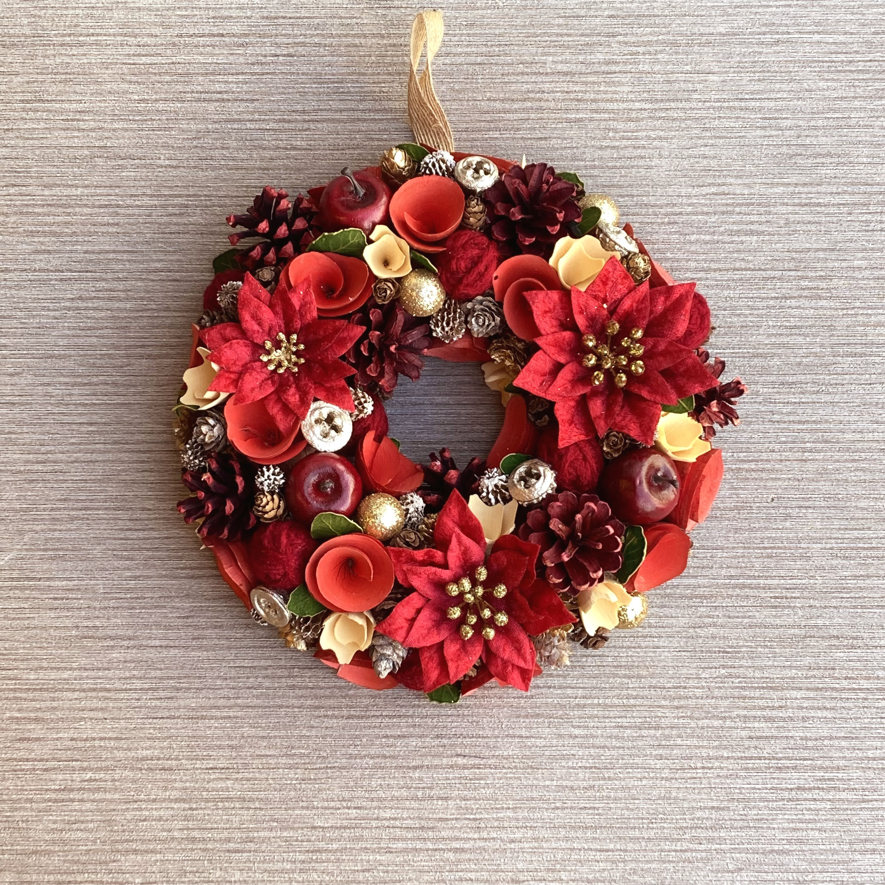 のこりわずか【大人のクリスマス】バーガンディとゴールドのウィンターリース ２５cm・Ｍ　クリスマスリース・クリスマス飾り