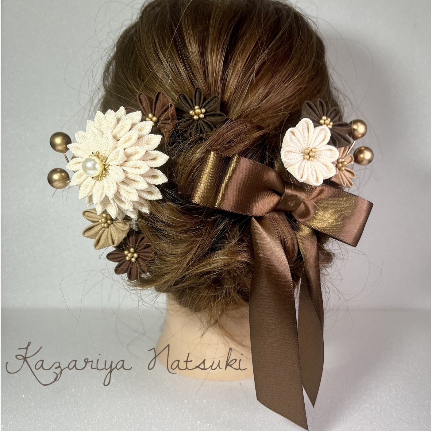 【カフェオレ色の髪飾り】 つまみ細工とリボンのヘアアクセサリー
