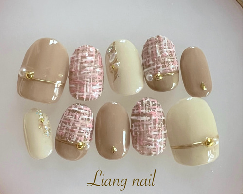 ベージュ×ホワイト冬のツイードネイル ネイルチップ（つけ爪