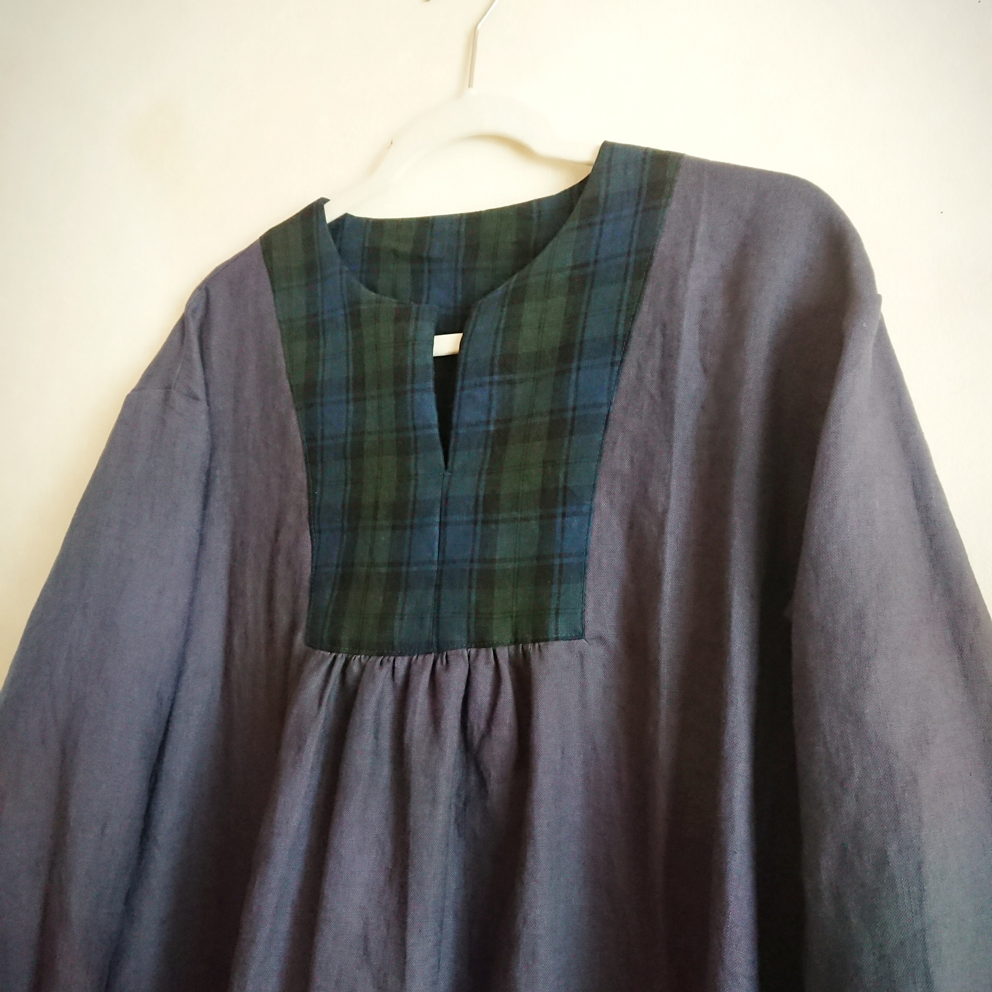 スクエア切替ワンピース☆ブラックウォッチBW☆ブルーリネン100%☆再販〈受注制作〉