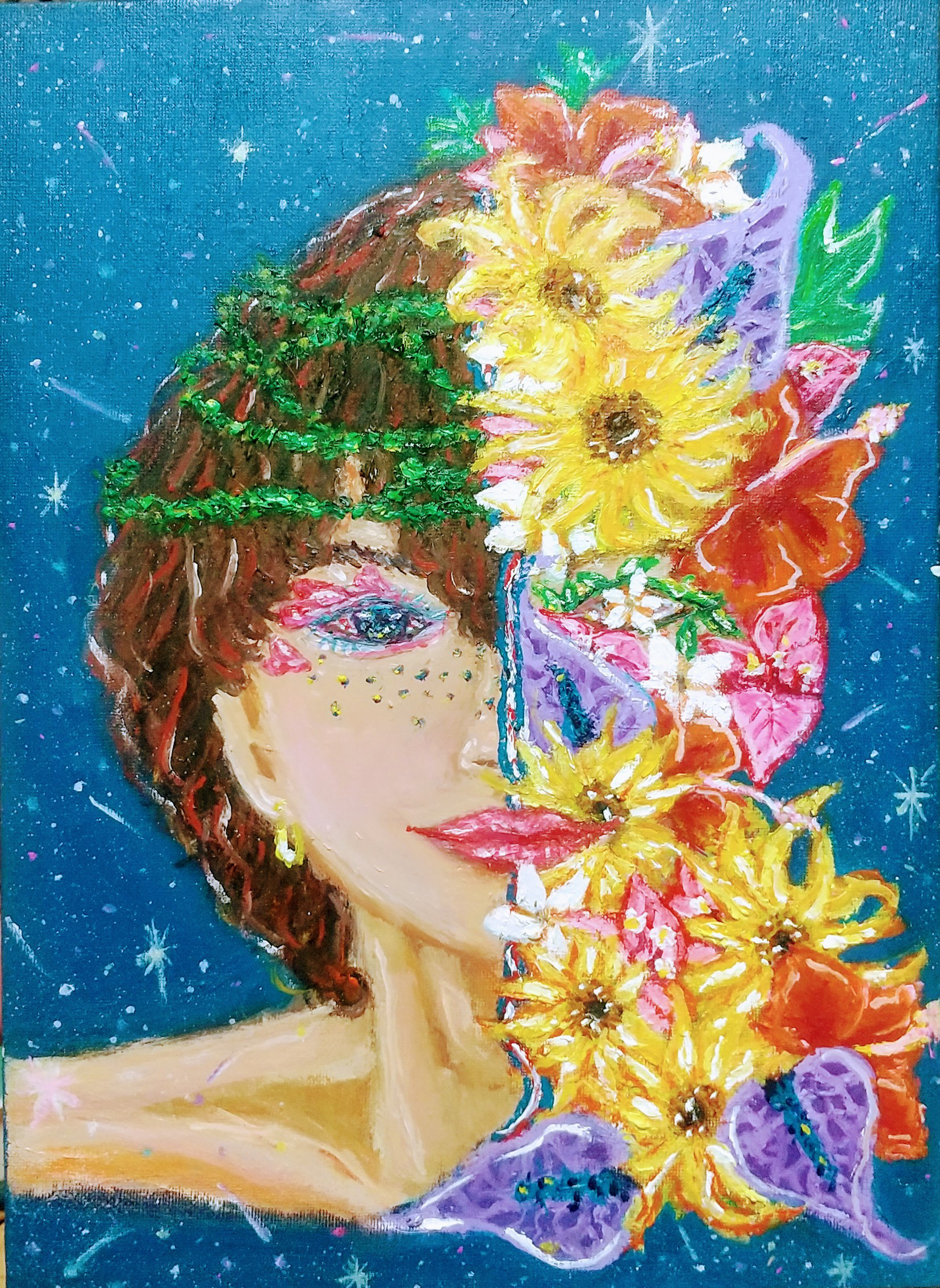 Ryoko 女性像 油彩画 花柄