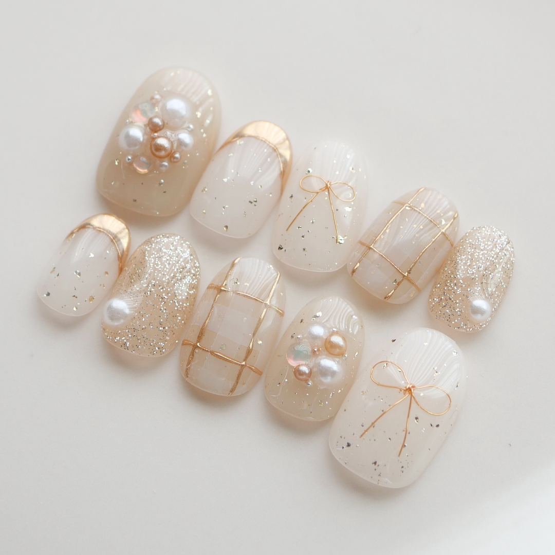 ワイヤーリボン×チェックネイル◇ネイルチップ【fuyu-No.14】 ネイル