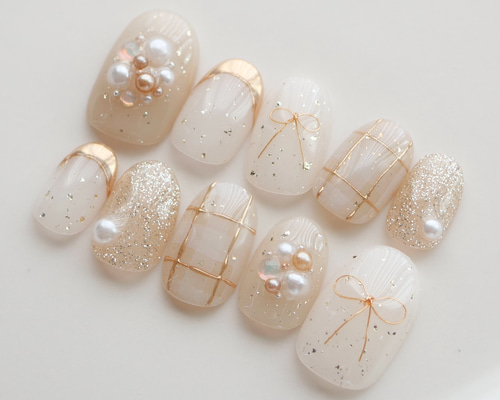 ワイヤーリボン×チェックネイル◇ネイルチップ【fuyu-No.14】 ネイル